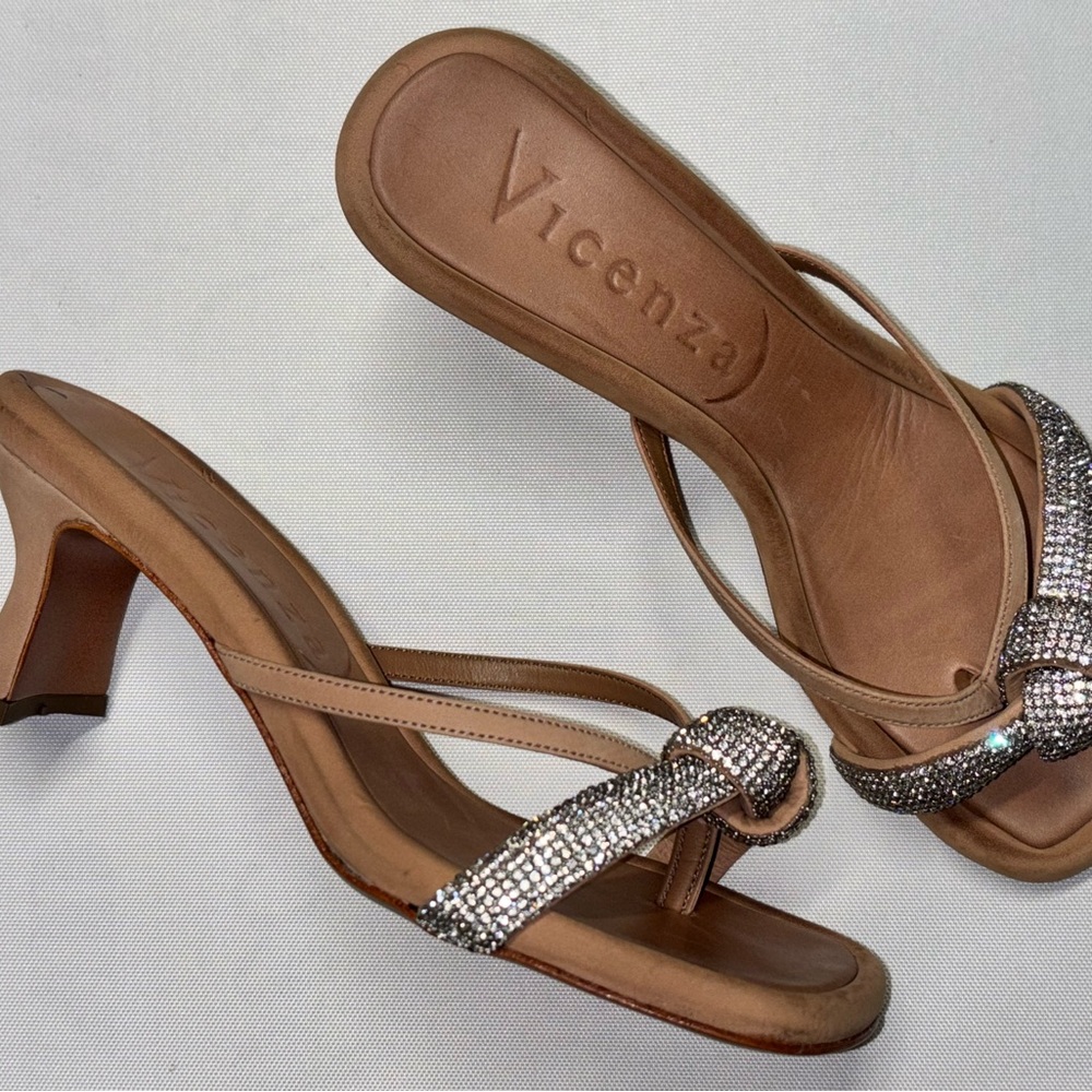 Anthropologie Vicenza Tan and Silver Strappy Heels